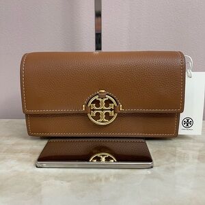 Tory Burch Tan Leather crossbody with Gold Accent Bag ( convertible clutch )